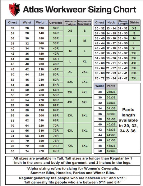 Atlas Workwear FR Size Chart