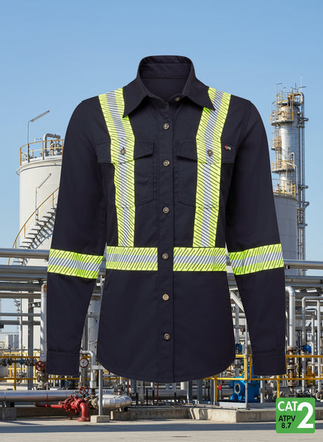 IFR Women's Navy FR Ultrasoft® 7 oz Deluxe Segmented Striped Work Shirt USN673